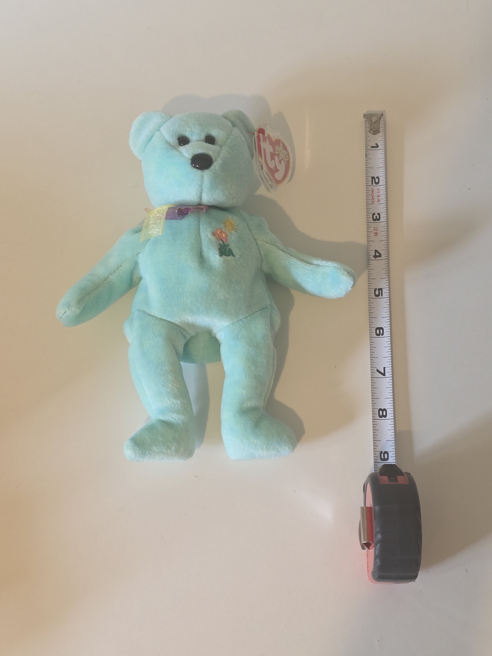 Ty Mint Green Plush Bear with Embroidered Flower Accent